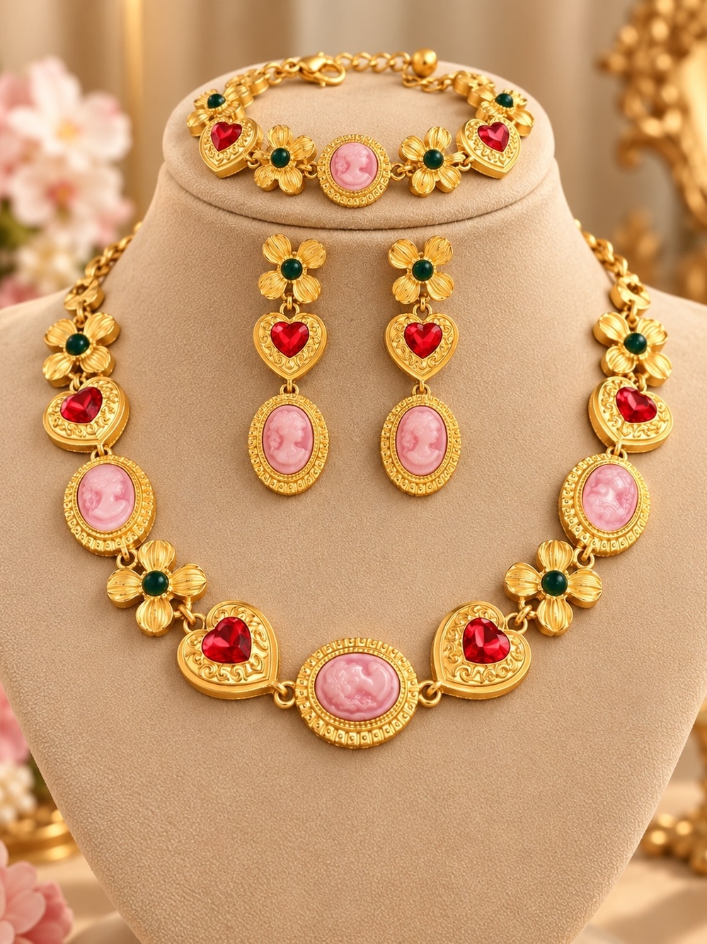 Gold-Tone Pink Cameo & Red Heart Floral Jewelry Set
